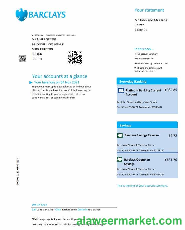 United Kingdom Barclays bank statement template in .xls and .pdf format, version 2